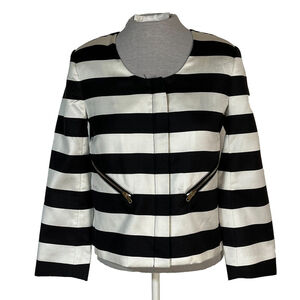 Club Monaco Silk Blazer Jacket Women’s Size 2 Small Black White Stripes Zippers